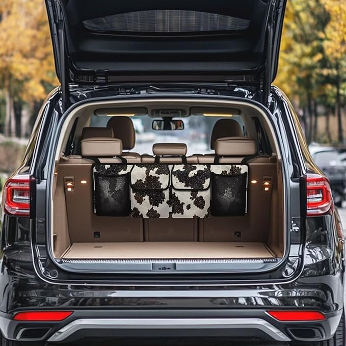 Black Cow Spots Backseat Trunk Organizer for Car Large Capacity Multipurpose Cargo Bag,Sturdy Space Saving Expert