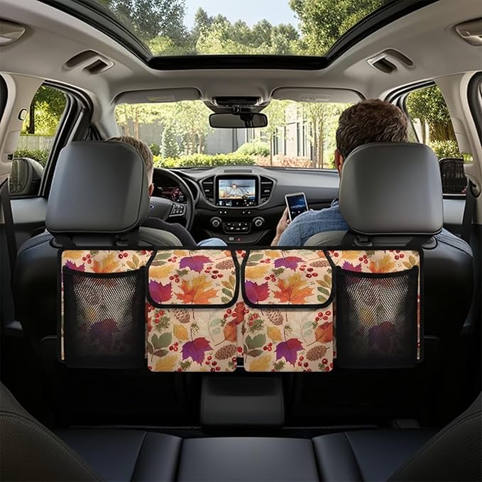 Hanging Car Trunk Organizer, Thanksgiving Maple Leaves Car Back Seat Storage Bag with 4 Pockets Waterproof Auto Interior Accessories for SUV MPV Sedan Truck Jeep