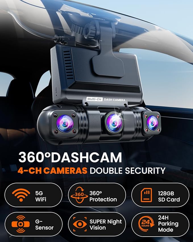 ENLIK Dash Cam Front and Rear 360 Dashcam 4 Channel Car Camera Dash Camera for Cars, QHD 2K+1080P*3 Camara with 128GB Card, 5G WiFi &APP Control, Night Vision/G-Sensor, 168°Wide Angle, Parking Mode