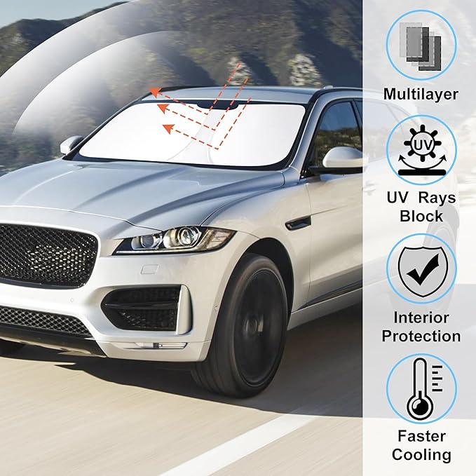 Windshield Sun Shade Custom Fit for 2016-2024 2025 2026 Jaguar F-Pace F Pace Accessories Foldable Sunshade Sun Blocker Protect Car from Sun Rays & Heat Damage Keep Car Cooler