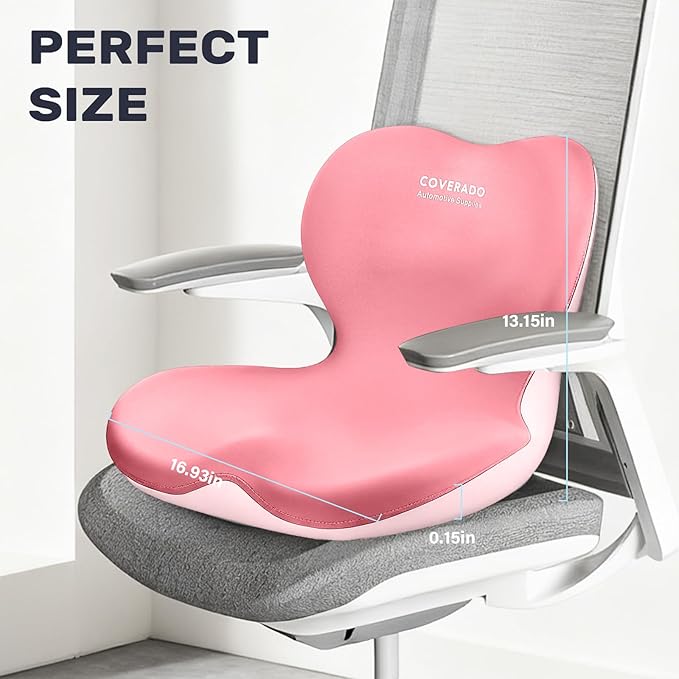 Coverado Car Seat Cushion and Lumbar Support Pillow One Piece, Memory Foam Ergonomic Back Support Driving Seat Cushion for Back Pain, Non-Slip Washable Cushion for Car, Driver, Office
