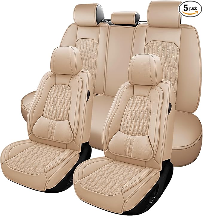 WELLDO Car Seat Covers Full Set, Leather Seat Covers for Car, Waterproof Car Seat Protector with Lumbar Support, Automotive Seat Covers Universal Fit for Most Cars SUV Truck, Beige-White