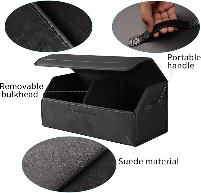 car organizers and storage for SUV,trunk organizer for sedan, leather foldable sleek box with lid,collapsible cargo bins, tool accessories containers,Collapsible Suede velvet (22 inch Covered)