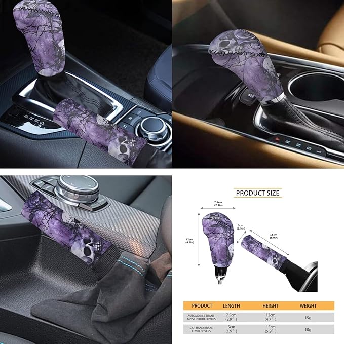 FKELY Purple Skull Car Seat Covers - Full Set for Women - Floral Foiled with Headrest & Gear Shift Cover, Steering Wheel Cover, Handbrake & Cup Coasters