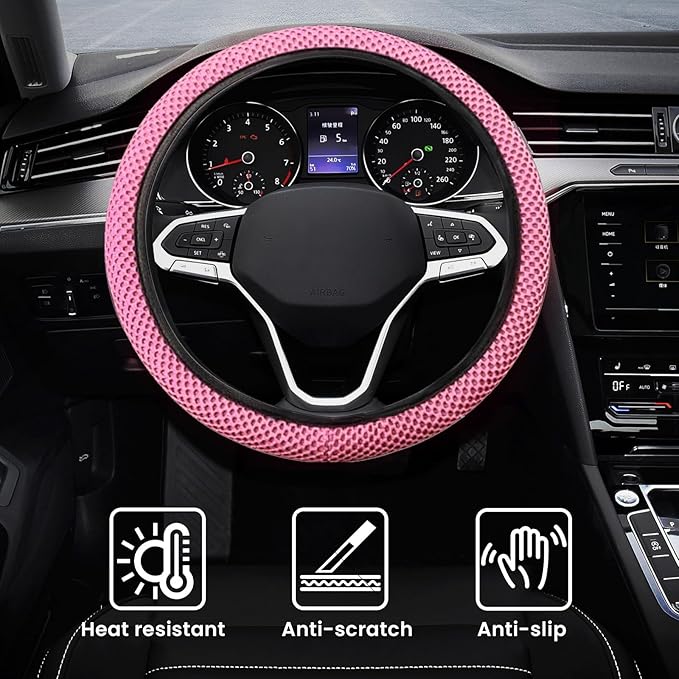 Elastic Stretch Car Steering Wheel Cover, Comfortable Steering Wheel Cover Universal for 14.5-15 Inch, Warm in Winter & Cool in Summer, Anti-Slip Breathable Ice Silk (Pink)