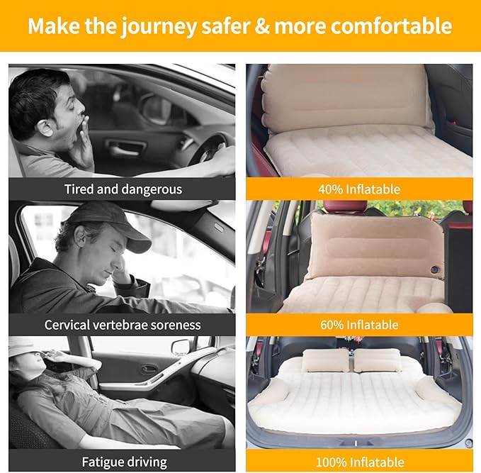 KMZ SUV Air Mattress Thickened and Double-Sided Flocking Travel Camping Bed with 2 Pillows & Pump Dedicated Mobile Cushion Inflatable Bed for SUV Trunk and Rear Seat (Beige and Coffee)