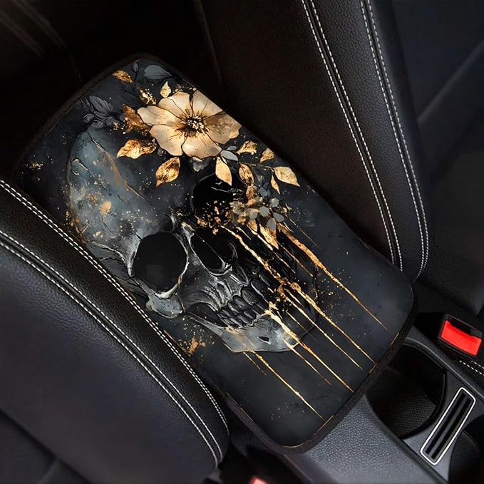 Dreaweet Skull and Flower Center Console Cover for Car Women Universal Rest Cover Pad Spooky Car Accessories Non Slip Anti Scratch Center Console Armrest Cover for SUV Sedan Truck Van