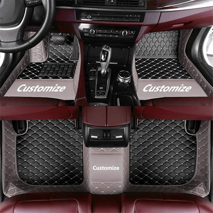 Custom Making Car Floor Mats Compatible for 2000-2025 All Mode Sedan SUV Sports Car Full Coverage Cute Pads Protection Non-Slip Leather Floor Liners (Black+Light Brown Edge)