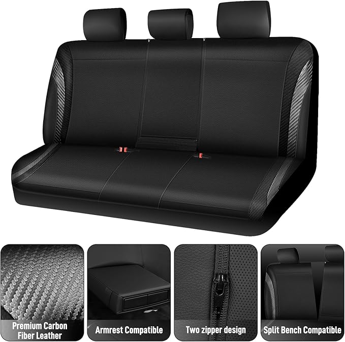 CAR PASS Carbon Fiber Leather Rear Seat Covers,Black Waterproof Back Bench Seat Cover Universal Fit for Cars Sedans SUVs Vans 95% Automotive Interior Backseat Car Covers (Rear,Black)