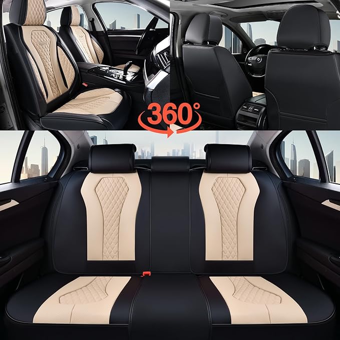 Coverado Car Seat Covers, Leather Seat Covers Full Set, Beige Seat Covers, Car Seat Cushion, Driver Car Seat Covers, Waterproof Car Seat Protector Fit for Most Cars