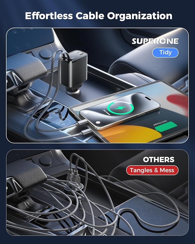 SUPERONE Smaller 4 in 1 Retractable Car Charger with Dual Type C Cords, 69W Fast Retractable USB C Car Charger, Car Accessories Car Chargers for iPhone 17 16 15 14 13 12 Galaxy Pixel