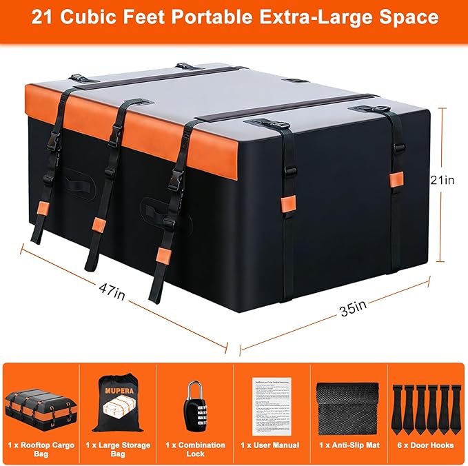Mupera 21 Cubic Ft Car Roof Cargo Carrier, Waterproof Rooftop Cargo Carrier with Strip Includes Anti-Slip Mat, 6 Door Hooks & Combination Lock for All Vehicles with/Without Roof Rack