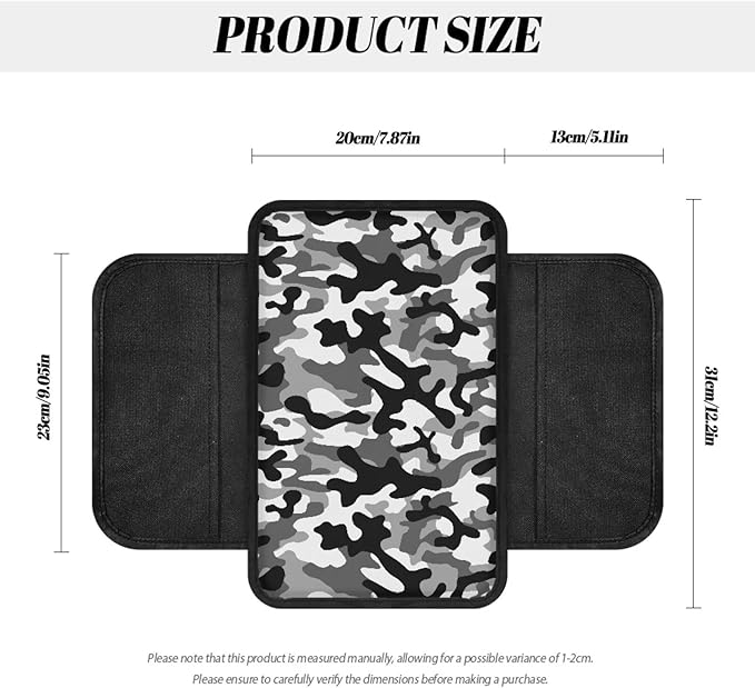 Black Gray Camo Pattern Car Center Console Cover Stretchy Vehicle Armrest Cushion Waterproof Car Armrest Storage Box Mat Universal for Most Vehicle SUV Truck Car