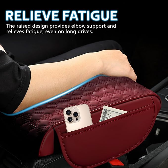 wuyaoyao Car Center Console Cover, 12.2"×8.27"×1.97" Leather Center Console Protector, Auto Armrest Pad with 2 Storage Pocket, Universal Armrest Cover Cushion for Most Cars, Trucks, SUVs (Red)