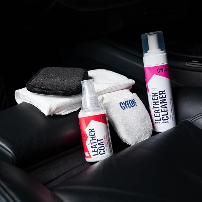 GYEON LeatherSet Natural automotive leather cleaning coating kit pre‑cleaner plus leather sealant protection for car seats interiors hydrophobic ceramic sheen prep & maintain