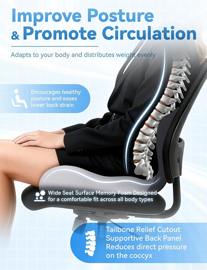 Orthopedic Cushion, Ergonomic Orthopedic Cushion for Tailbone Pain Relief, with Memory Foam, Car Seat Cushion with Waist Support, Non-Slip, Breathable, Washable Cover (Black-Gray)
