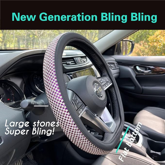 PINCTROT D Shaped Bling Comfy Steering Wheel Cover with Jumbo Crystal Rhinestones, Anti-Slip Diamond Leather, Flat Bottom 14.5-15 Inch (Purple)