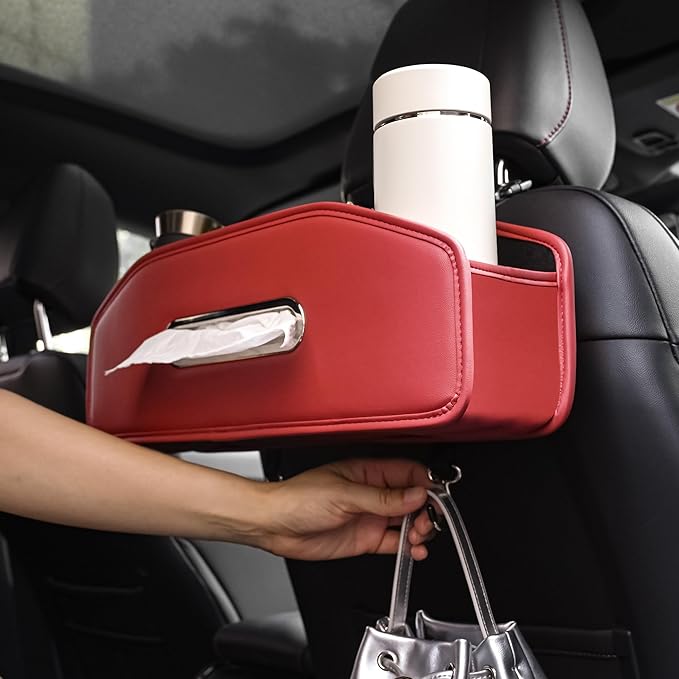 JEYODA Car Seat Back Organizer with 2 Drink Cup Holder,Car Tissue Holder and Storage Box Hook, 3 in 1 Multifunctional Storage for Food Drink Phone, Travel Accessories (red)