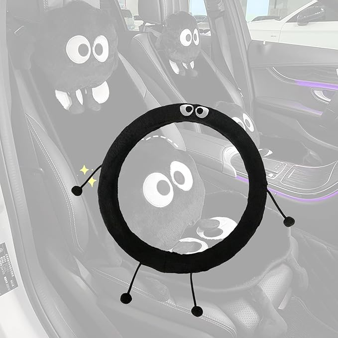 Car Headrest Pillow & Steering Wheel Cover Set with Cute Big-Eyed Furball Travel Neck Support Pillow Fur Car Interior Accessory (Black Ring Cover)