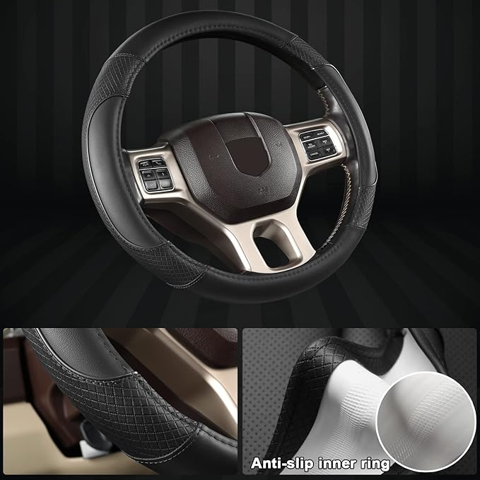 GIANT PANDA Car Steering Wheel Cover for Dodge Ram 1500 2500 3500 15.5-16 inches- Solid Black