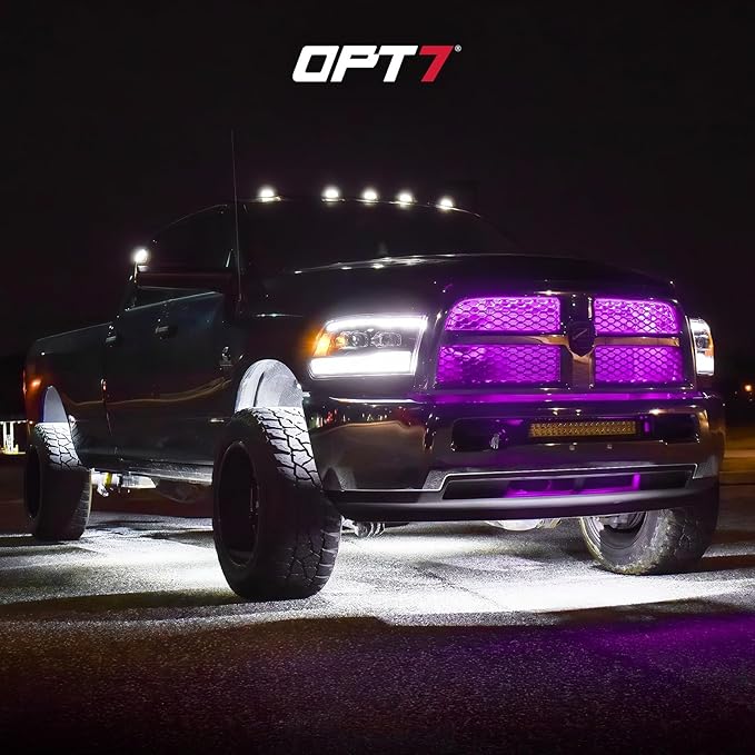 OPT7 Aura 4PCS RGB LED Grille Lights with Remote Control, 12 inches Waterproof LED Strip Lights, Multicolor, Dimmer, Fade, Cycle, Strobe, Peel'n'Stick Front Grill Valence, Car Truck SUV Decorations