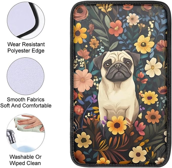 UNICEU Pug Floral Car Center Console Armrest Cover for Women Auto Interior Decor Neoprene Armrest Box Protector Cover Pad, Scratch Proof Non Slip Automotive Armrest Pads
