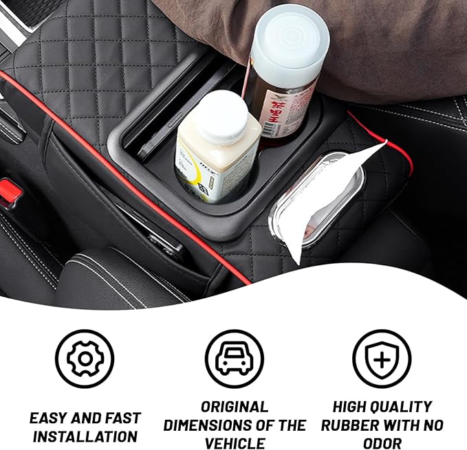 Car Armrest Cushion, 5 in 1 Center Console Cover with 2 Cup Holders, Phone Holder, Tissue Holder, Storage Bag, Multifunctional Leather Heightened Car Armrest Cushion for Most Cars