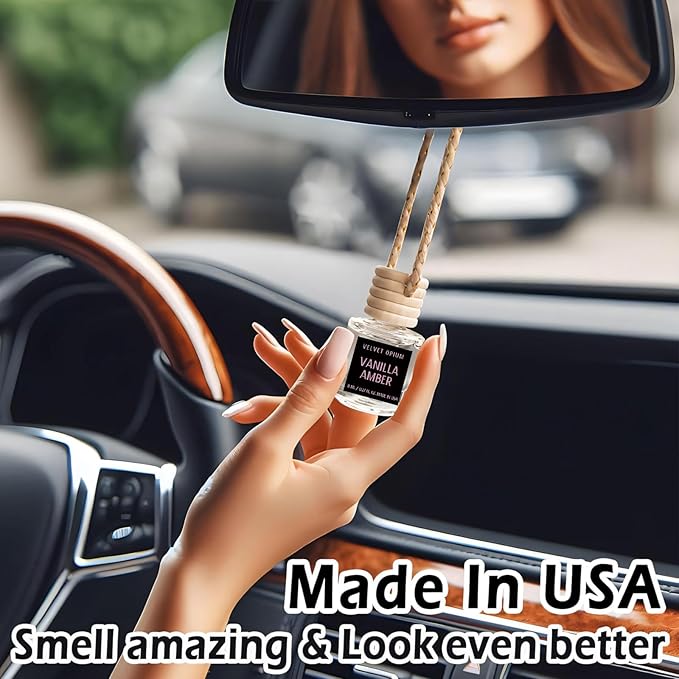 C Classy Hanging Car Air Freshener 2 Pack, Vanilla Amber Essential Oil Diffuser, Long-Lasting Fragrance, Cute Glass Bottle Car Accessories for Women & Men, Made in USA