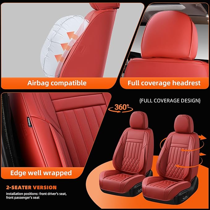 KEYOOG Universal 2-Seater Waterproof Breathable Nappa Leather Car Seat Covers Full Set, Fit for Front Seats, Compatible with Dodge Journey, Toyota Yaris, Honda Pilot HR-V City, Fit Most Sedans SUV Red