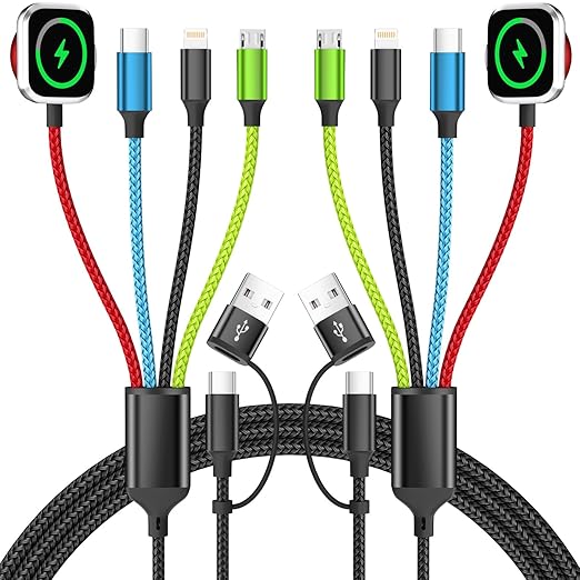 Travel Essentials 4-in-2 Multi Charging Cable with iWatch Charger, 2Pack 5FT Nylon Charging Cords, USB C/USB A Phone Charger Cord for iPhone 17-5, iPad, Galaxy S25-S21, Cruise/Car/Home Use