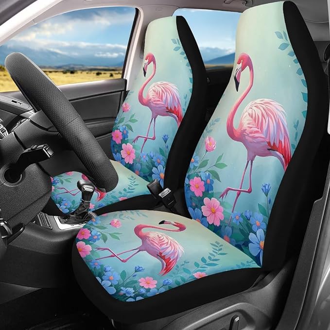 Car Seat Covers for Front Seats Only Auto Seat Protector Universal Fit Most Truck SUV Van Aesthetic Car Accessories for Women 2 Pack Flamingo 1