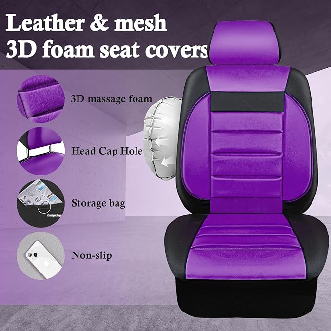 CAR PASS Leather Car Seat Covers Front Seats Only, Universal Fit 3D Foam Support Car Seat Covers for Trucks Vans SUVs Comfortable Automotive Interior Airbag Compatible 2 Pieces (Black Purple