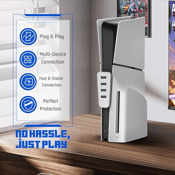 TNP 4 Port USB Hub for PS5 Slim Edition - High-Speed USB 2.0 Port Extender Adapter Accessories Expansion Hub Connector Expander for PlayStation 5 Slim ONLY, White