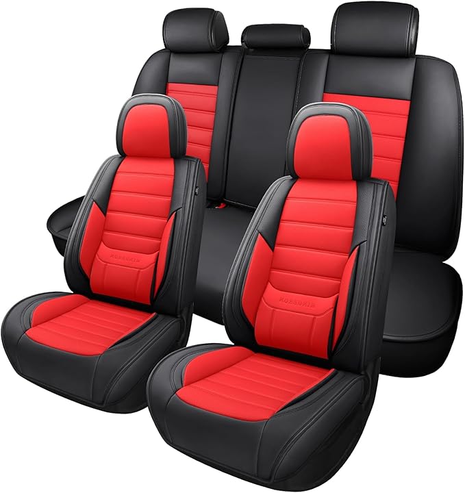 Car Seat Covers Full Set,Black White Car Seat Cover, Car Seat Protector Waterproof, Nappa Leather Car Seat Cushion Fit for Most Cars Red