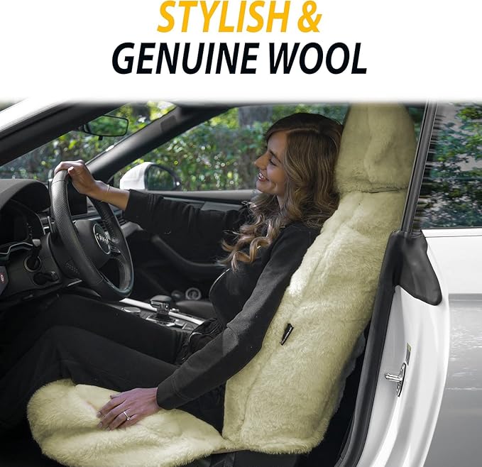 ZONETECH Sheepskin Seat Covers Fuzzy Car Seat Covers Tan Australian Merino Wool Fluffy Fur Auto Accessories All Season Protection for Your Seats Universal Fits Most Car SUV Airbag Compatible