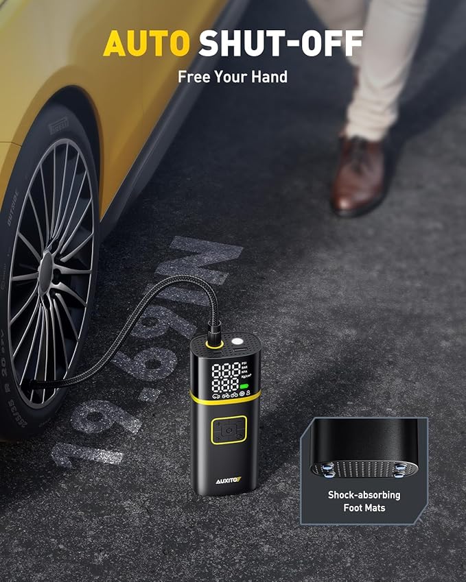 AUXITO AS1 Tire Inflator Portable Air Compressor - 150PSI Bike Pump 1Min Fast Inflate with Tire Pressure Gauge, 5200 mAh, LED Light, Car Accessories Air Pump for Auto, Moto, Bike Car Gifts for Men