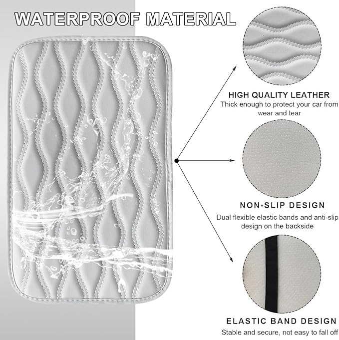 Car Center Console Cushion Pad, 12.48×7.40 Inches Waterproof Car Armrest Seat Box Cover, Comfortable PU Leather Vehicle Armrest Cover Protector, Car Decor Interior Accessories (White)