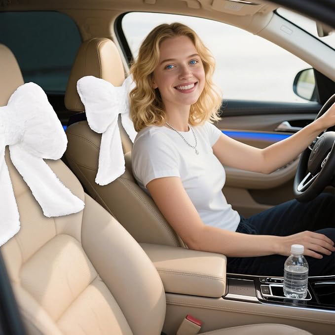 2 Pack Bow Car Headrest Pillows Plush Car Neck Pillows for Travel Driving Office Chair Head Support Cushions, Also Cute Car Decor Accessories (White)