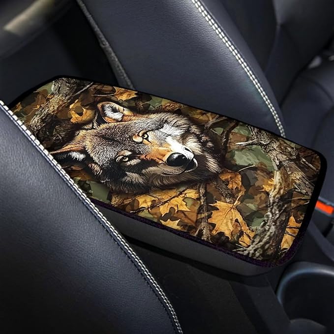 Leaves Wolf Console Center Armrest Lid Cover Protector Car Armrest Storage Box Mat Interior Accessories for Most Vehicle, SUV