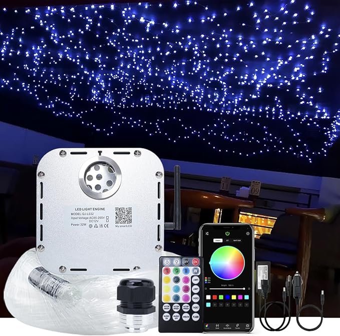 AKEPO Car Home Use 32W RGBW Twinkle+ Sound Activated+ APP Fiber Optic Lights Kit Star Ceiling Sky Light with Total 800pcs in 13.1ft/4m + 9.8ft/3m Long Optical Fiber Cable for Indoor or Interior Decor