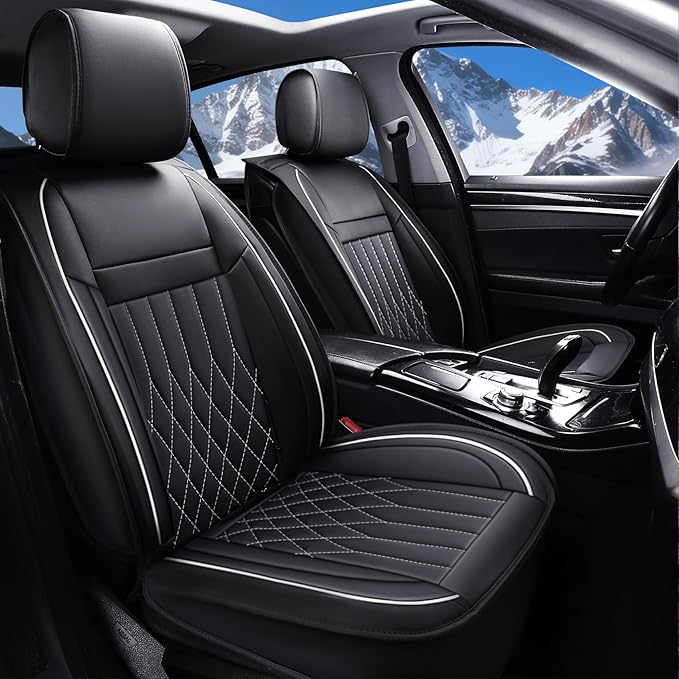 Aierxuan Car Seat Covers Full Set Universal Fit for Honda Civic Accord CRV, Toyota Camry Prius Rav4, Kia, Lexus, Nissan, Mazda, Jeep Cherokee and Most Cars, with Waterproof Leather (Black and White)
