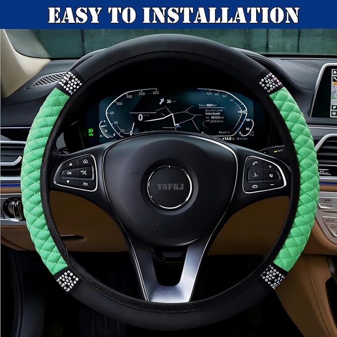 Soft Leather Car Steering Wheel Cover, Universal 15 Inch Colorful Rhinestones Anti-Slip Elastic Steering Wheel Covers for Most Cars, Sparkly Crystal Diamond for Women Girls (Green)