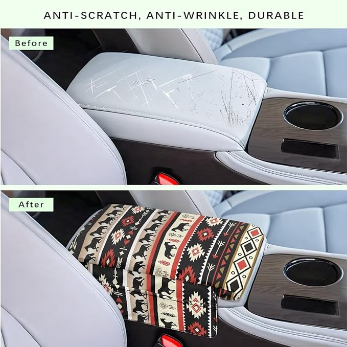 Dreaweet Aztec Horse Car Center Console Cover with Pockets Soft Thick Car Armrest Cushion Non Slip Scratch Proof Car Arm Rest Cover Pad Universal for Most Vehicles