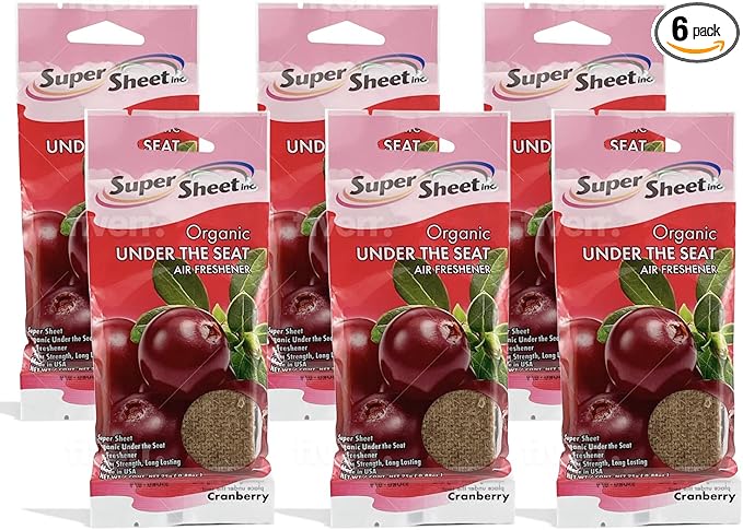 Super Sheet, Organic Under the Seat Car Air Freshener, Long Lasting Fragrance, Cranberry Scent, 6 Pack