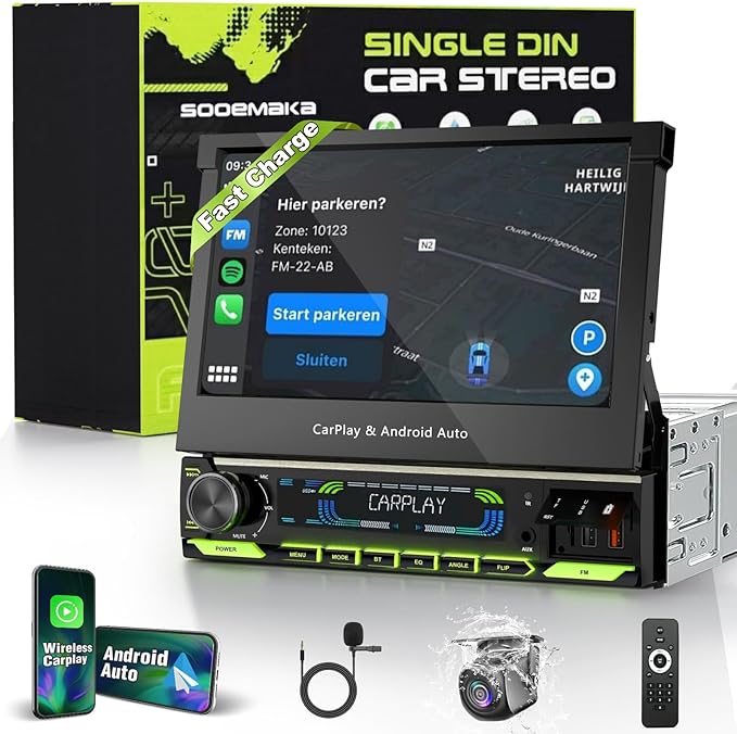 【SOOEMAKA】 Single Din Touchscreen Radio with Wireless CarPlay, 7 inch QLED Android Auto Screen for car,Motorized Flip Out Car Stereo Upgrade Fast Charging(QC/PD 3.0)/AM/FM/DSP/AHD (S7012)
