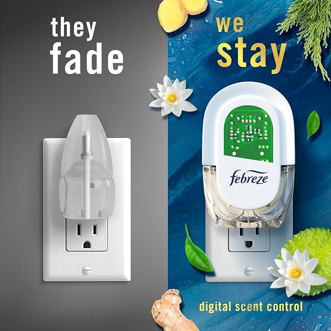 Febreze Plug in Air Freshener, Odor-Fighting Scented Oil Starter Kit, Air Fresheners for Home and Bathroom and Kitchen, Long Lasting for Strong Odors, Ocean Scent, Warmer + 2 Refill