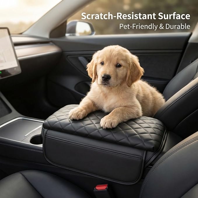 Center Console Cover for 2016-2023 Tesla Model 3 2020-2024 Model Y, PU Leather Armrest Box Cushion Protector Accessories