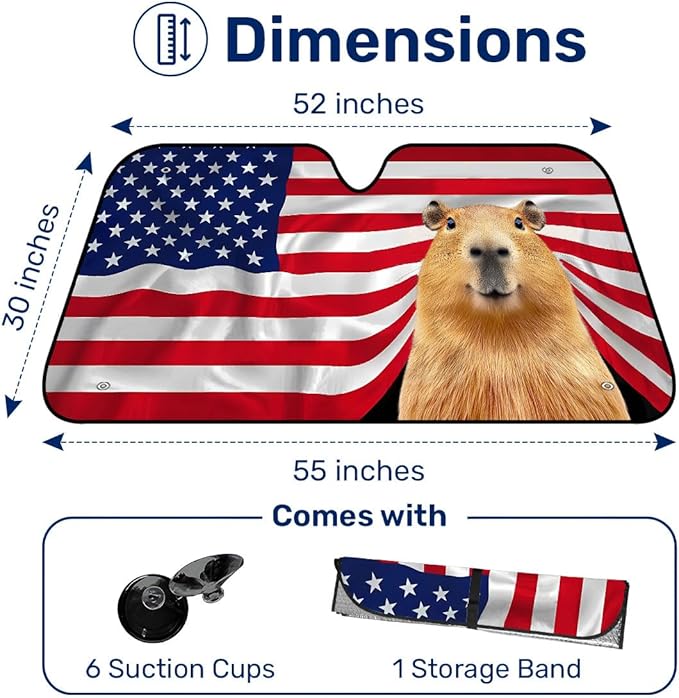 GENANY Capybara Flag Windshield Sun Shade for Car SUV Truck (55x30 Inches), Sun Shade Windshield, Shades for Front Windows, Protector Blocks UV, Car Decor