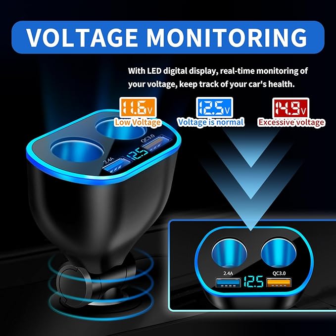 2026 Upgrade Car Cigarette Lighter Splitter,4 in 1 Double Cigarette Lighter Adapter with USB Port 2.4A & QC3.0 Super Fast for Mobile Phone,Dash Cam,12/24V Car Charger with LED Voltmeter