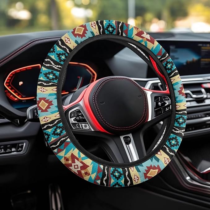 SEANATIVE Universal 15 inch Auto Car Steering Wheel Cover Aztec Turquoise Print Neoprene Car Steering Wheel Protector Cover fit Most Van Truck SUV